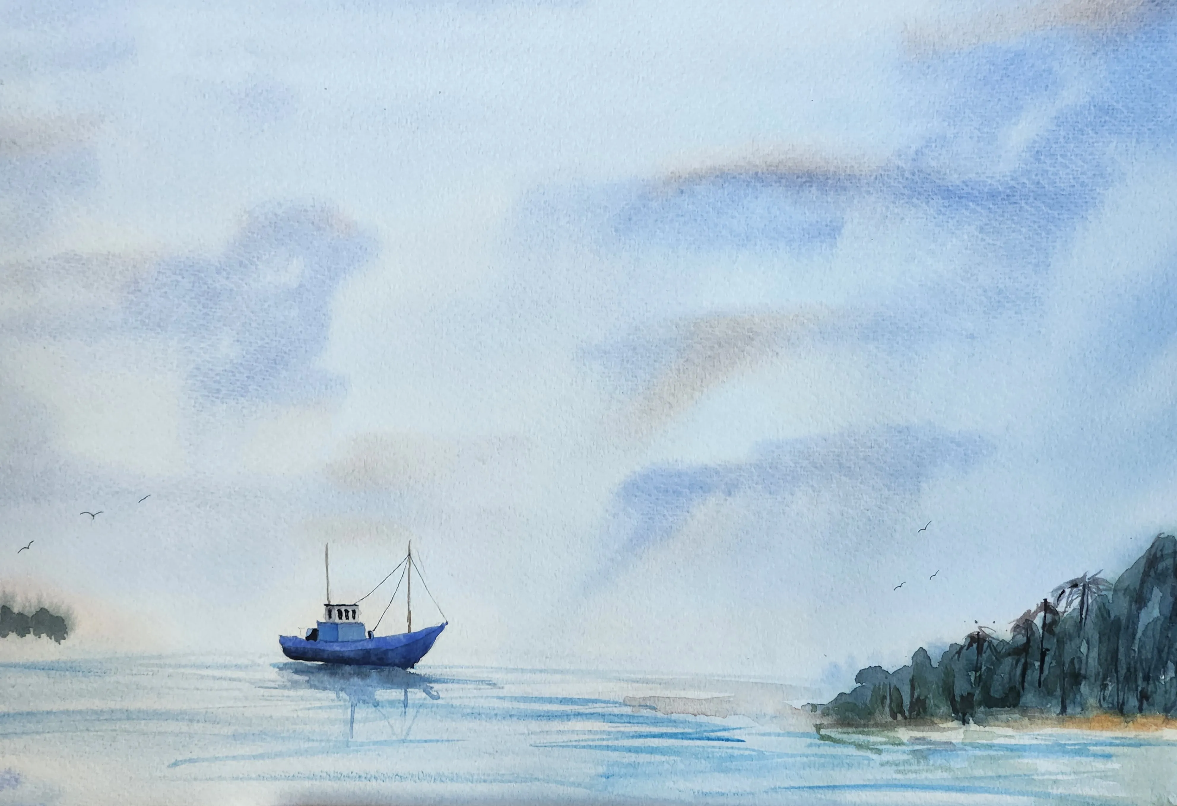 A watercolor of a small blue boat on calm water near a forested shore.
