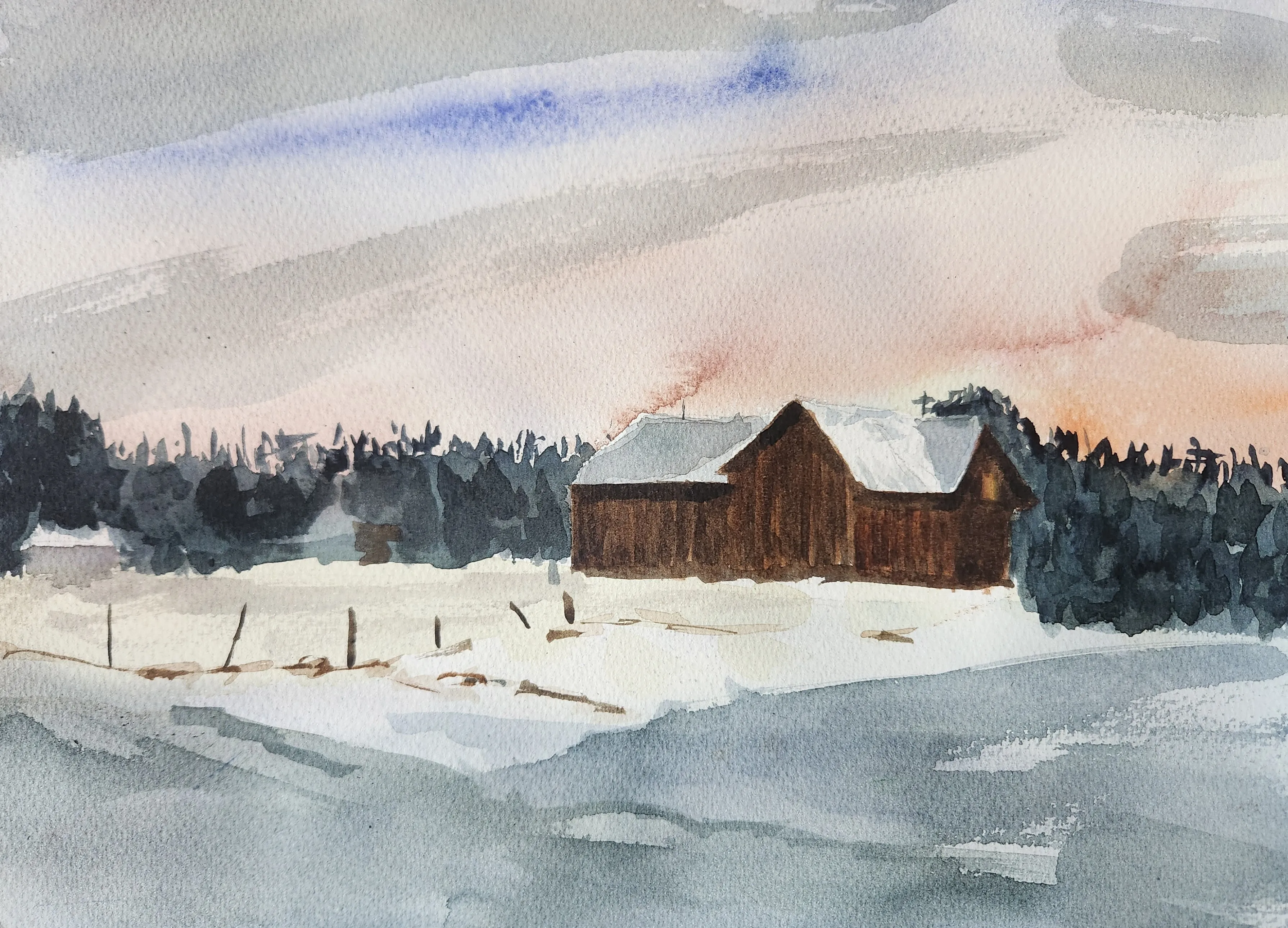 A watercolor of a brown barn with a snow-covered roof in a snowy field at dusk.