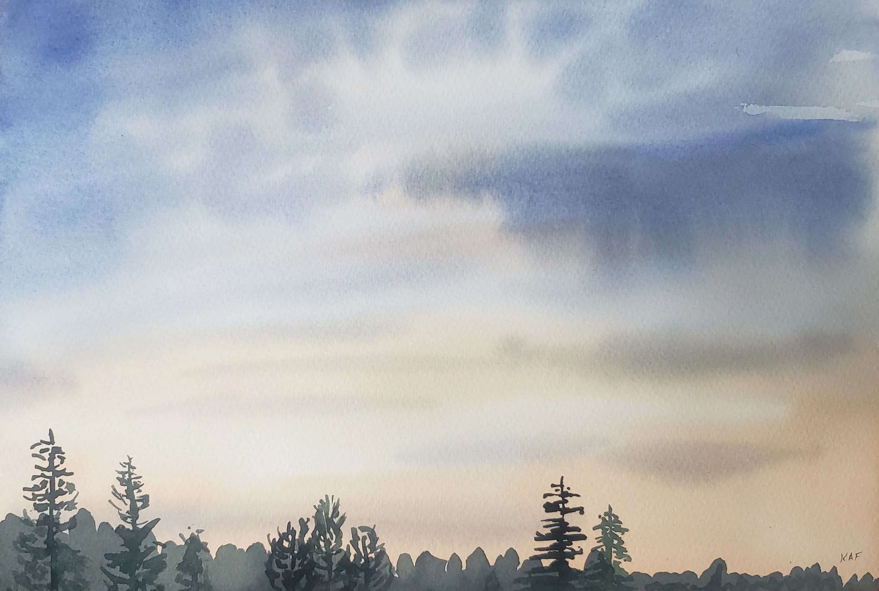 A watercolor of a blue and peach sunset sky above a line of evergreen trees.