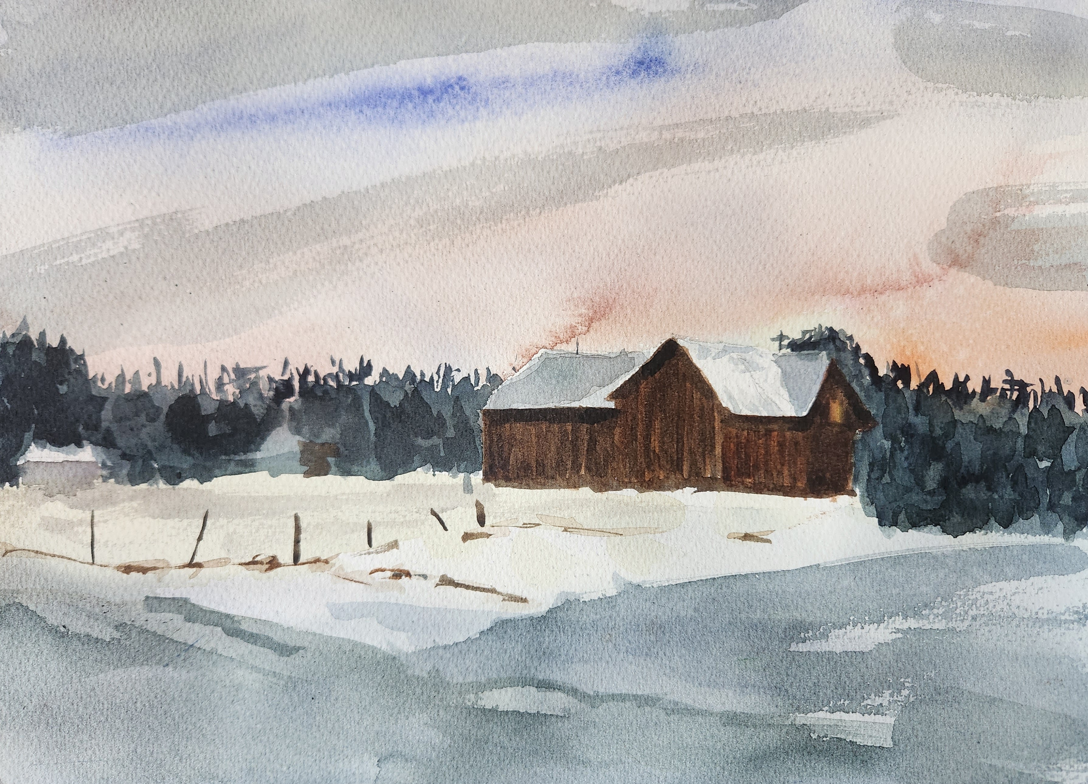 A watercolor painting of a barn in the snow.
